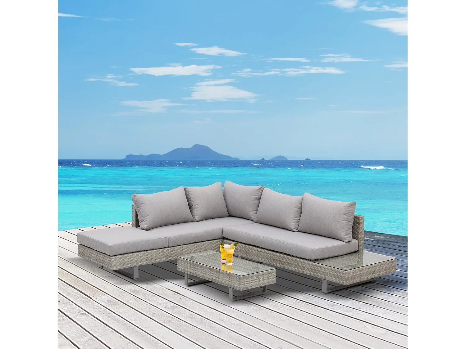 Ensemble salon de jardin d'angle 5 places design contemporain coussins déhoussables table basse acier époxy résine tressée grise