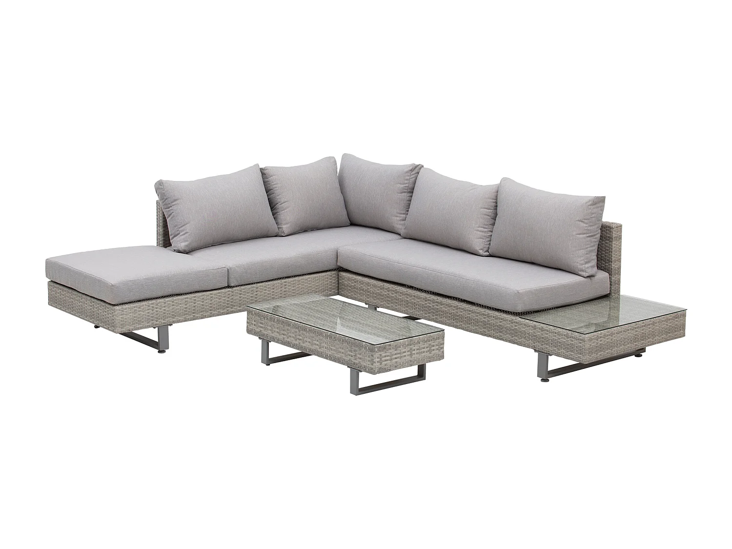 Ensemble salon de jardin d'angle 5 places design contemporain coussins déhoussables table basse acier époxy résine tressée grise