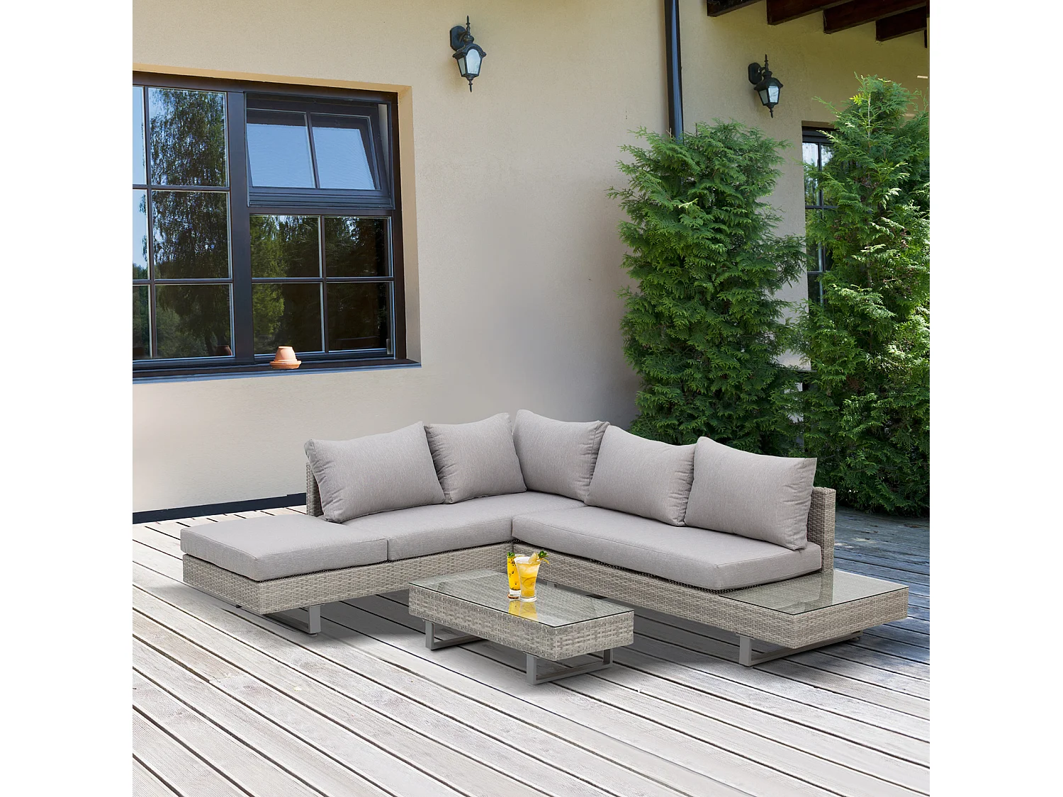 Ensemble salon de jardin d'angle 5 places design contemporain coussins déhoussables table basse acier époxy résine tressée grise