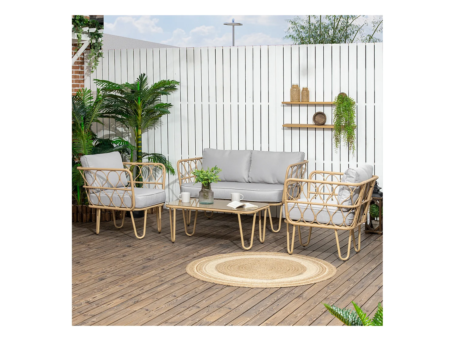 Salon de jardin 4 places 4 pièces style colonial résine tressée aspect rotin coussins gris