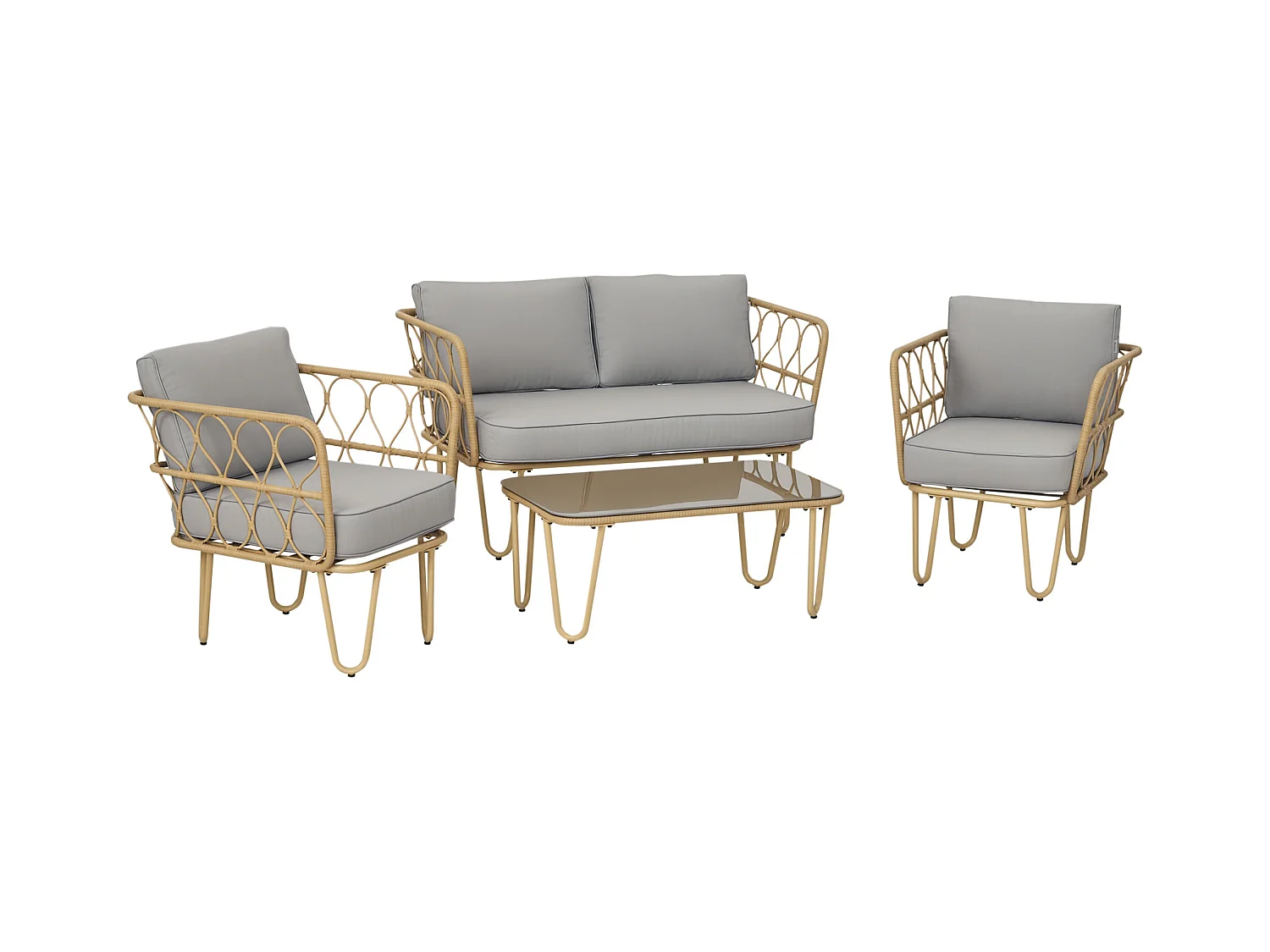 Salon de jardin 4 places 4 pièces style colonial résine tressée aspect rotin coussins gris