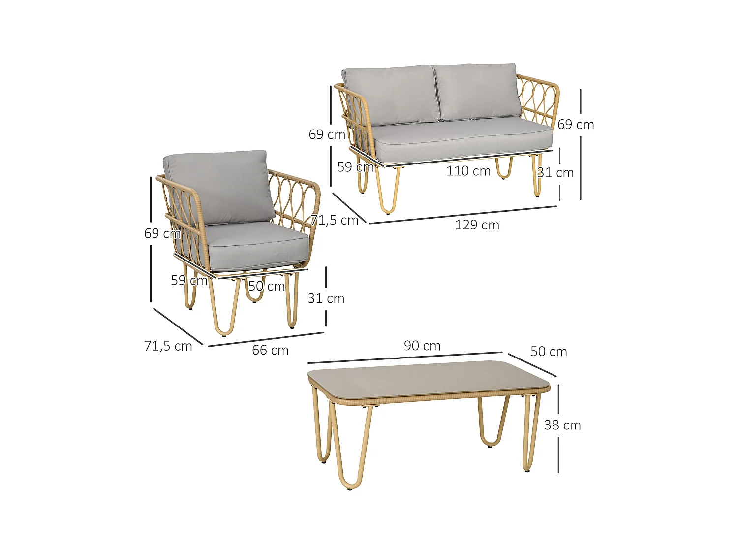 Salon de jardin 4 places 4 pièces style colonial résine tressée aspect rotin coussins gris