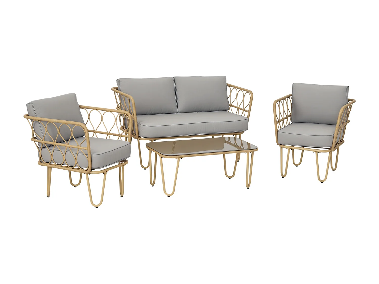 Salon de jardin 4 places 4 pièces style colonial résine tressée aspect rotin coussins gris