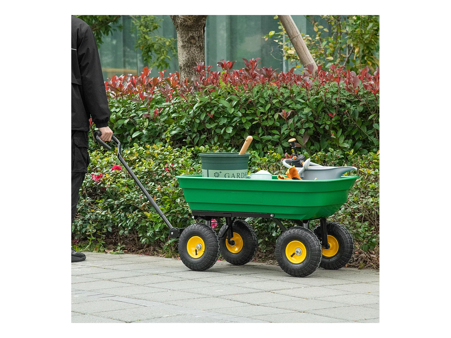 Chariot de jardin à main benne basculante 75° 75L charge max. 200 Kg 4 roues pneumatiques acier PP jaune vert