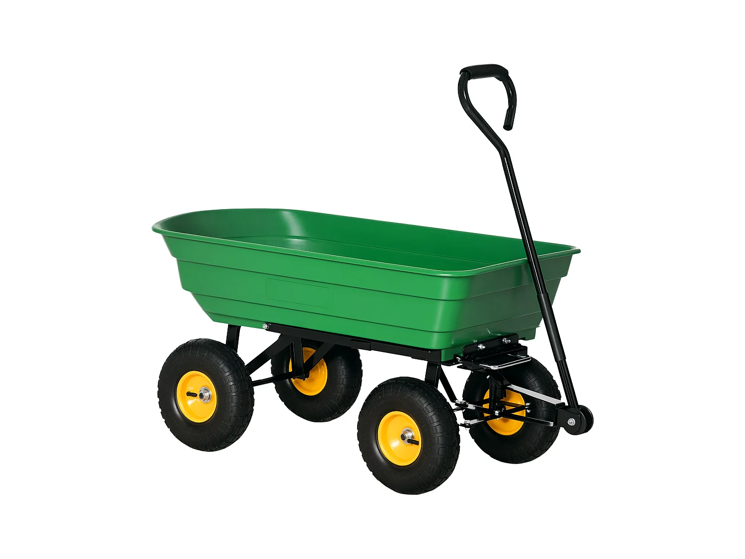 Chariot de jardin à main benne basculante 75° 75L charge max. 200 Kg 4 roues pneumatiques acier PP jaune vert