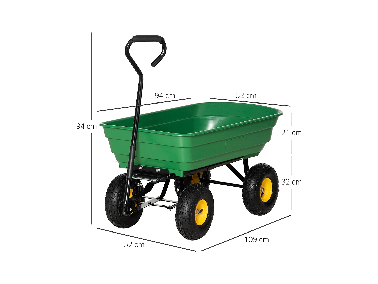 Chariot de jardin à main benne basculante 75° 75L charge max. 200 Kg 4 roues pneumatiques acier PP jaune vert