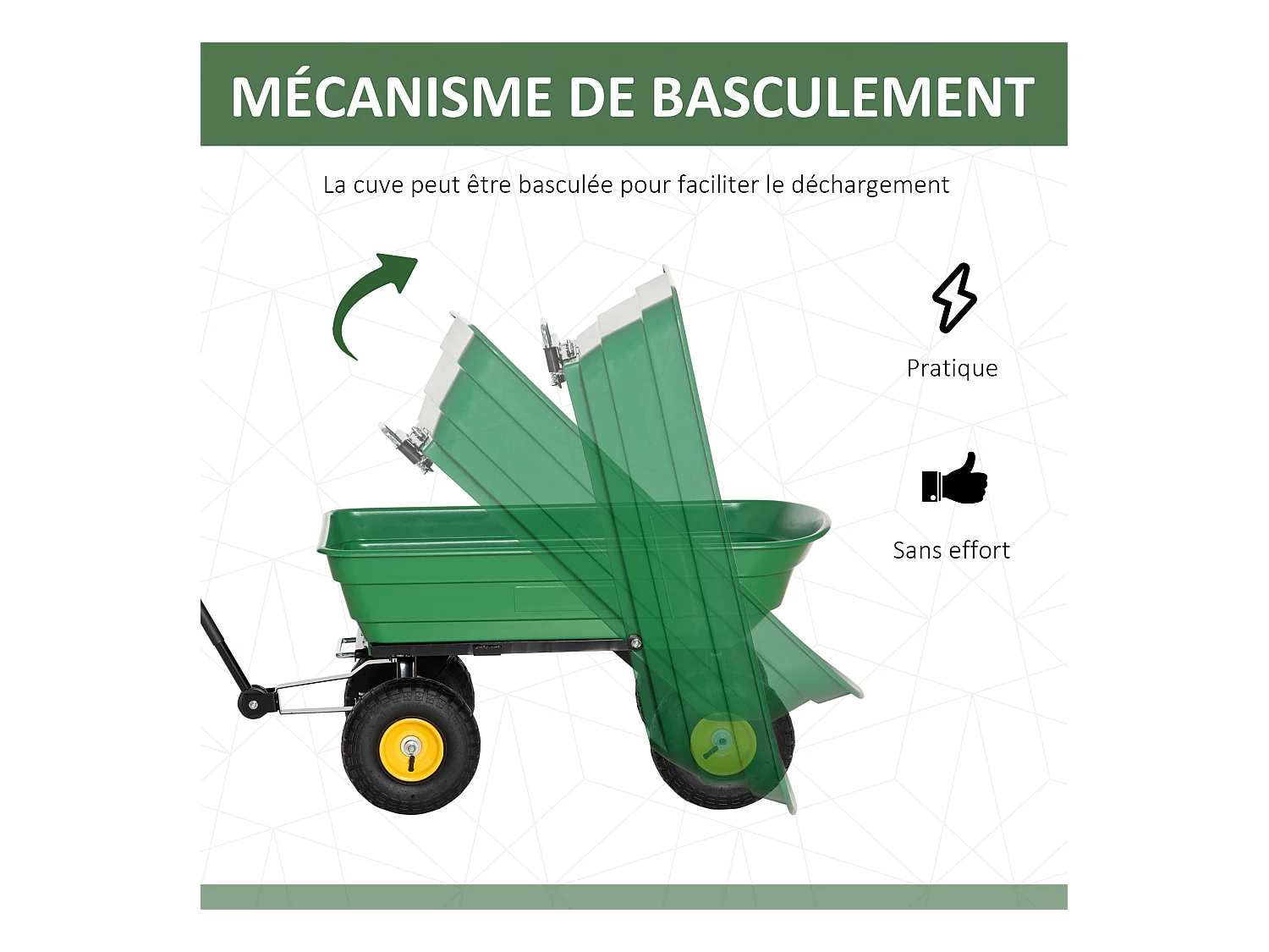 Chariot de jardin à main benne basculante 75° 75L charge max. 200 Kg 4 roues pneumatiques acier PP jaune vert