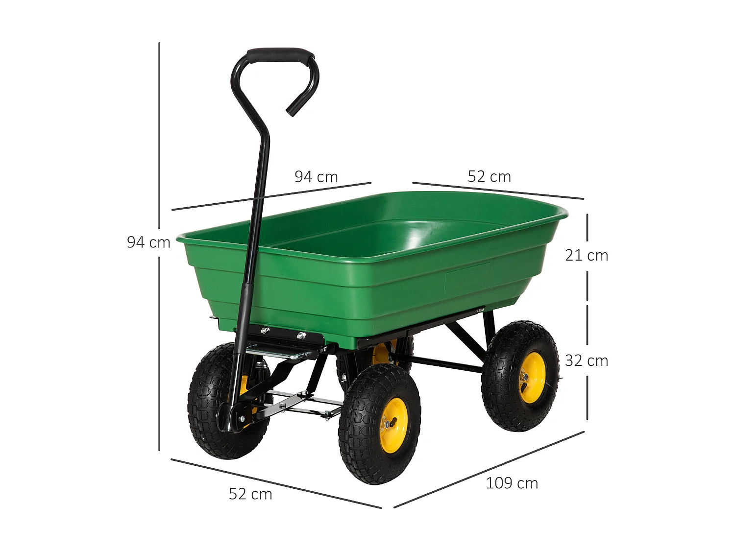 Chariot de jardin à main benne basculante 75° 75L charge max. 200 Kg 4 roues pneumatiques acier PP jaune vert