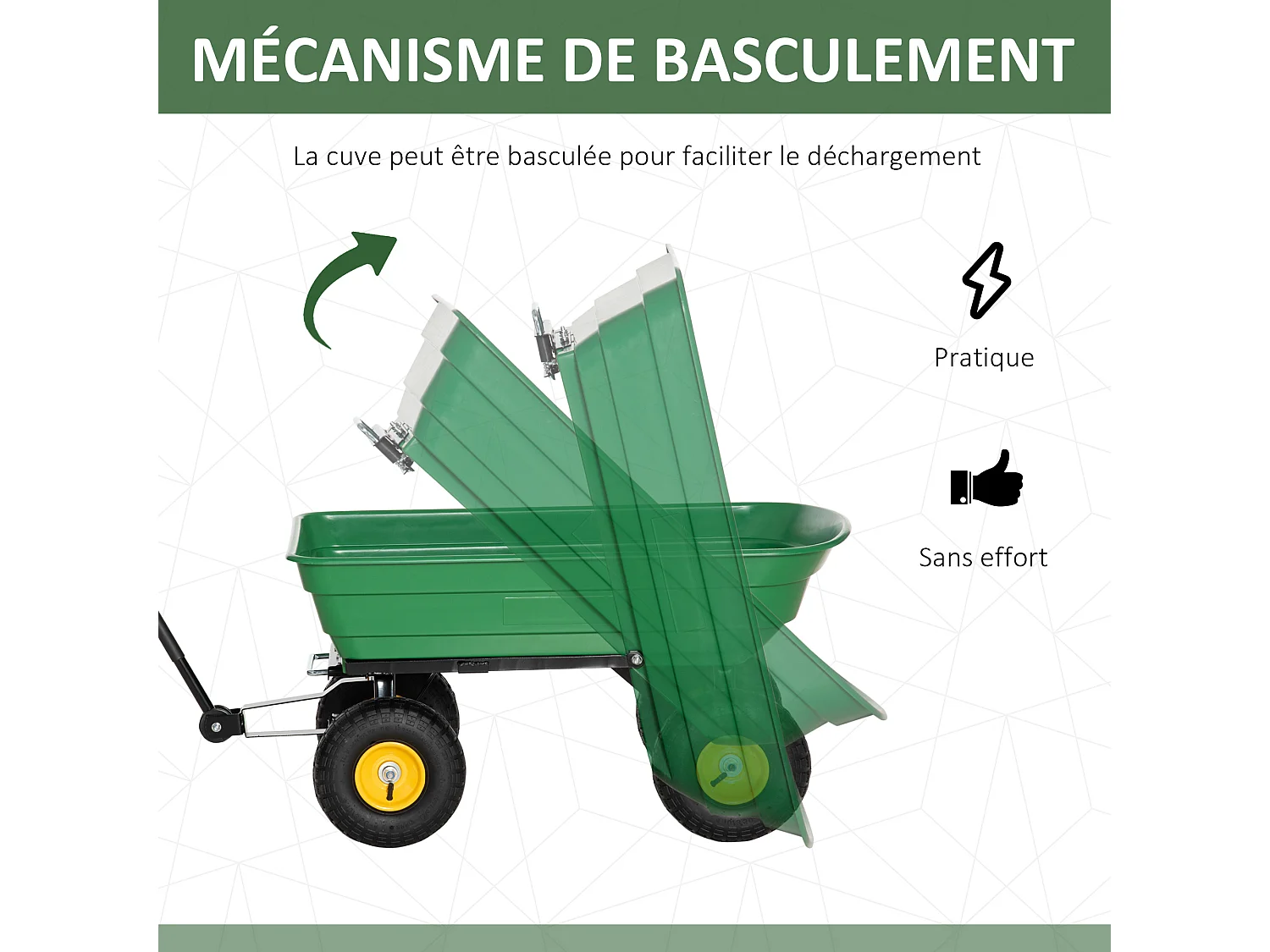 Chariot de jardin à main benne basculante 75° 75L charge max. 200 Kg 4 roues pneumatiques acier PP jaune vert
