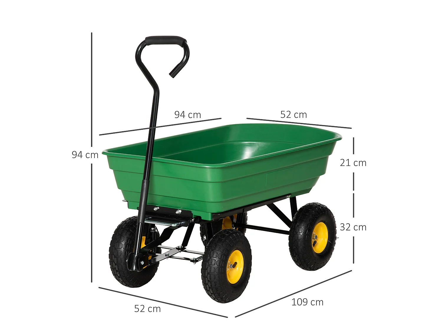 Chariot de jardin à main benne basculante 75° 75L charge max. 200 Kg 4 roues pneumatiques acier PP jaune vert