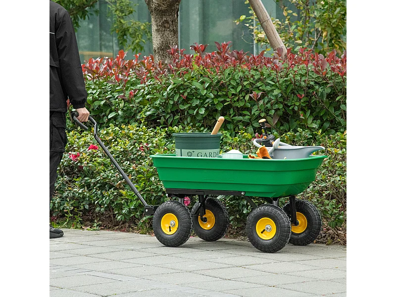 Chariot de jardin à main benne basculante 75° 75L charge max. 200 Kg 4 roues pneumatiques acier PP jaune vert