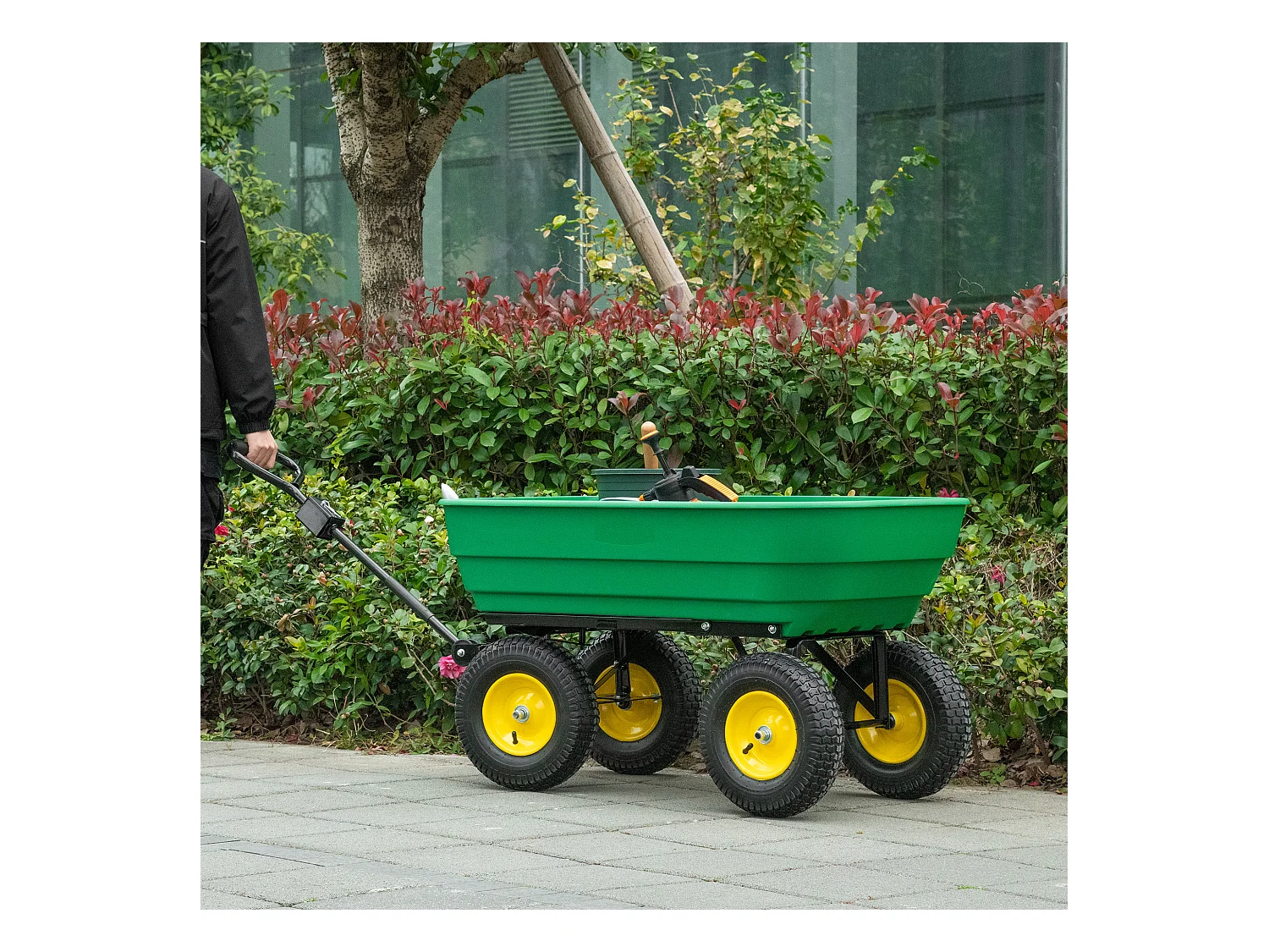 Chariot de jardin à main benne basculante 75° 125L charge max. 200 Kg 4 roues pneumatiques acier PP jaune vert