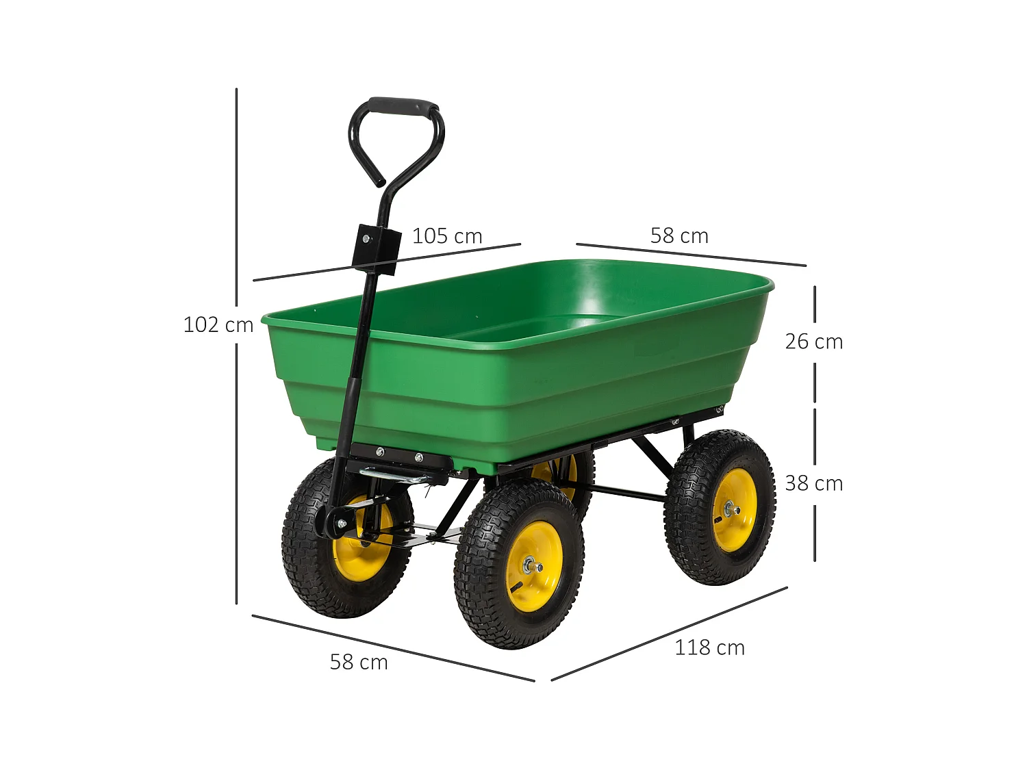 Chariot de jardin à main benne basculante 75° 125L charge max. 200 Kg 4 roues pneumatiques acier PP jaune vert