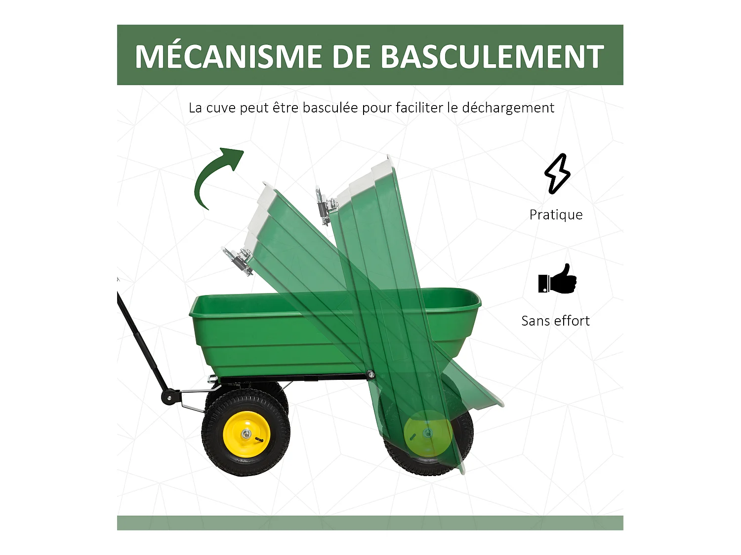 Chariot de jardin à main benne basculante 75° 125L charge max. 200 Kg 4 roues pneumatiques acier PP jaune vert