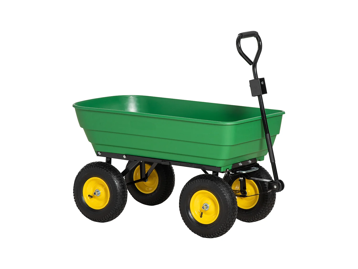 Chariot de jardin à main benne basculante 75° 125L charge max. 200 Kg 4 roues pneumatiques acier PP jaune vert