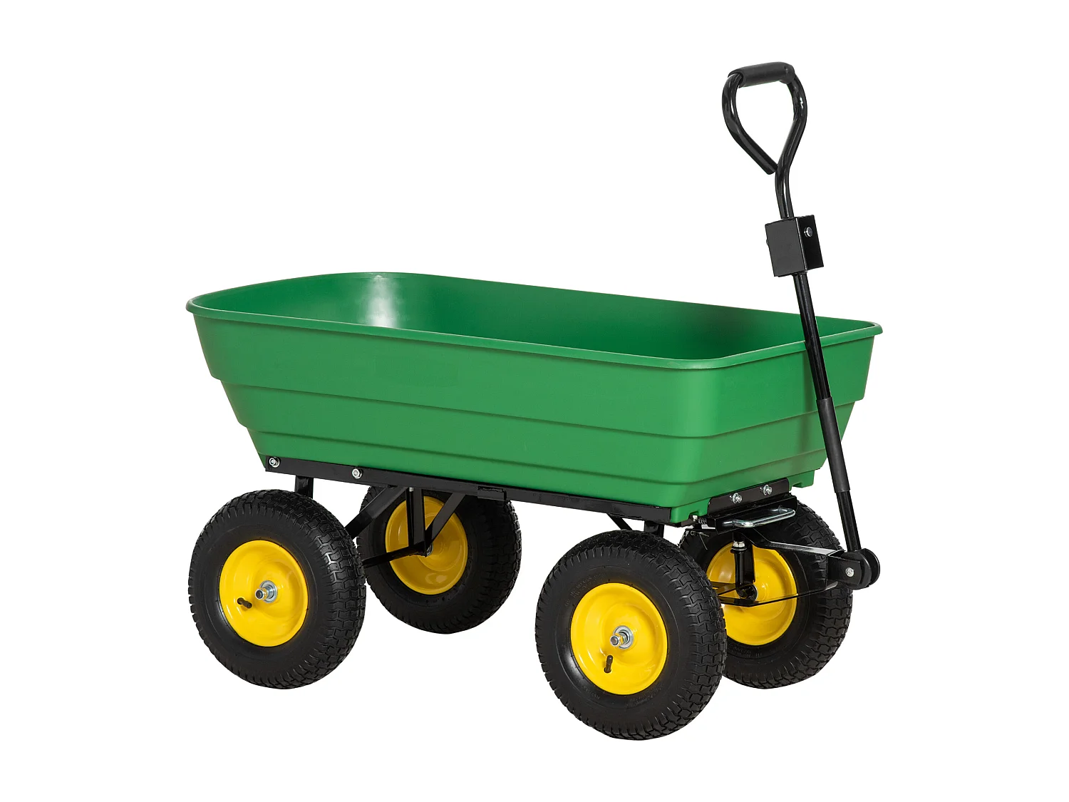 Chariot de jardin à main benne basculante 75° 125L charge max. 200 Kg 4 roues pneumatiques acier PP jaune vert