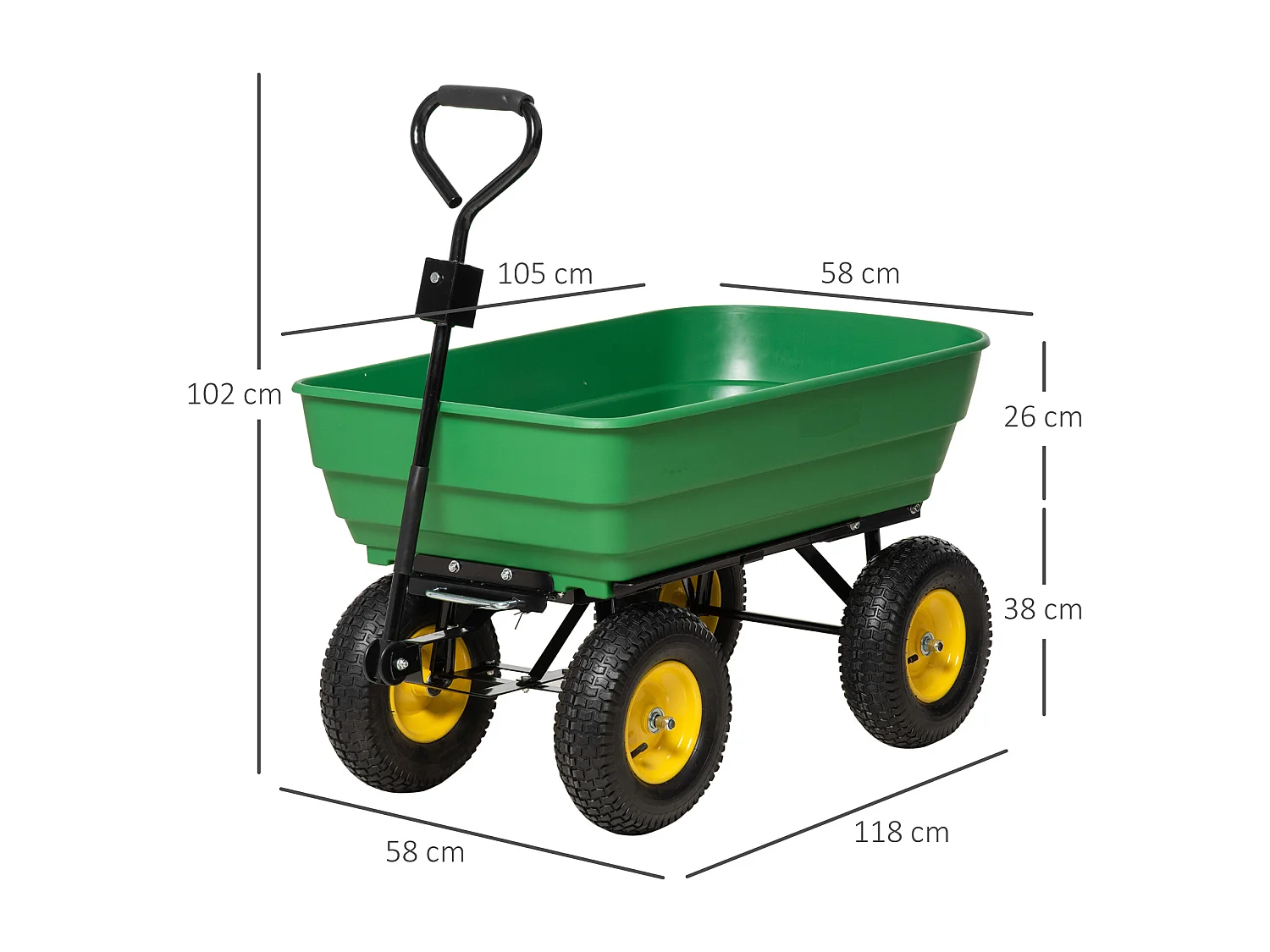 Chariot de jardin à main benne basculante 75° 125L charge max. 200 Kg 4 roues pneumatiques acier PP jaune vert