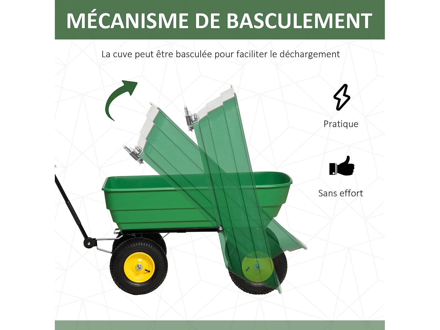 Chariot de jardin à main benne basculante 75° 125L charge max. 200 Kg 4 roues pneumatiques acier PP jaune vert