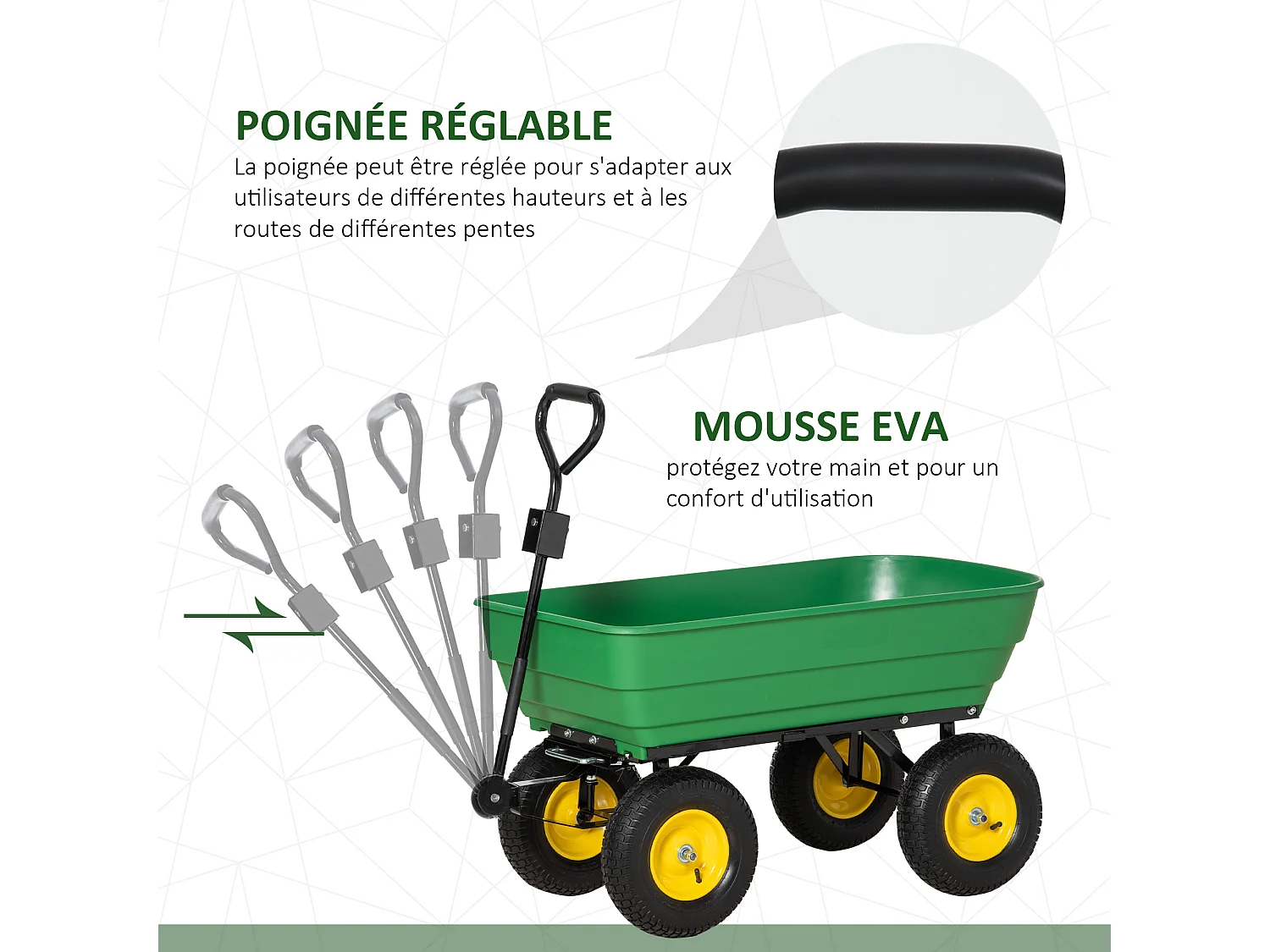 Chariot de jardin à main benne basculante 75° 125L charge max. 200 Kg 4 roues pneumatiques acier PP jaune vert