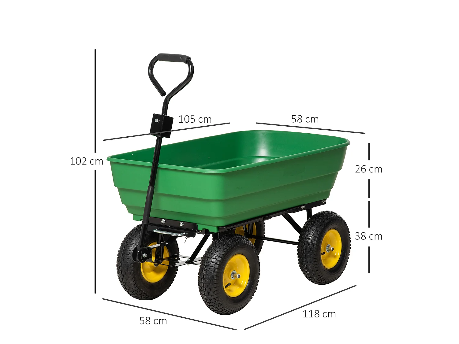 Chariot de jardin à main benne basculante 75° 125L charge max. 200 Kg 4 roues pneumatiques acier PP jaune vert