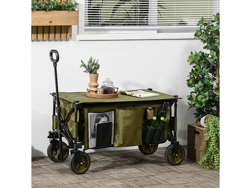 Chariot de jardin pliable 4 roues - bâche amovible, poignée télescopique réglable, 5 pochettes rangement - acier polyester kaki