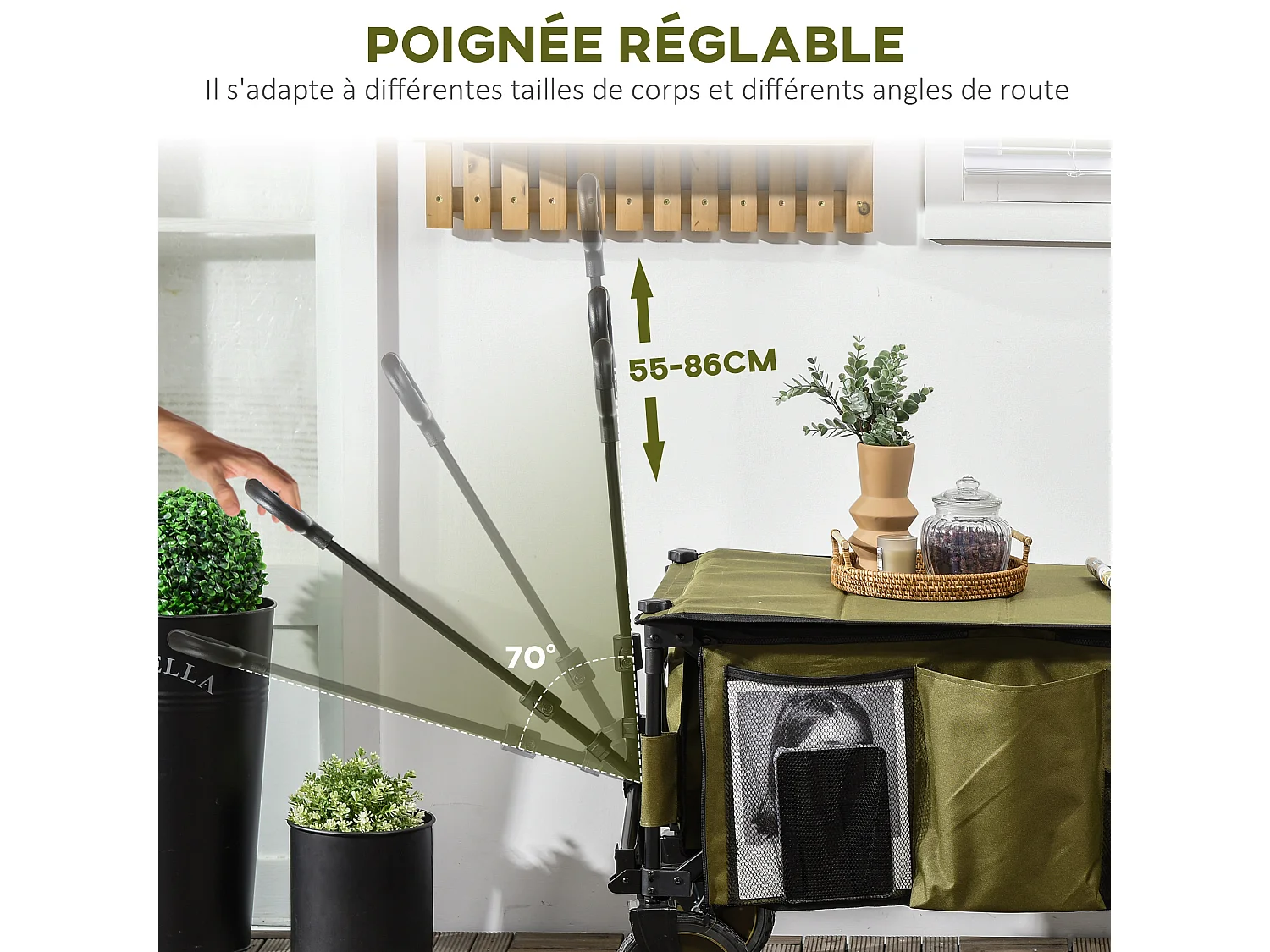 Chariot de jardin pliable 4 roues - bâche amovible, poignée télescopique réglable, 5 pochettes rangement - acier polyester kaki