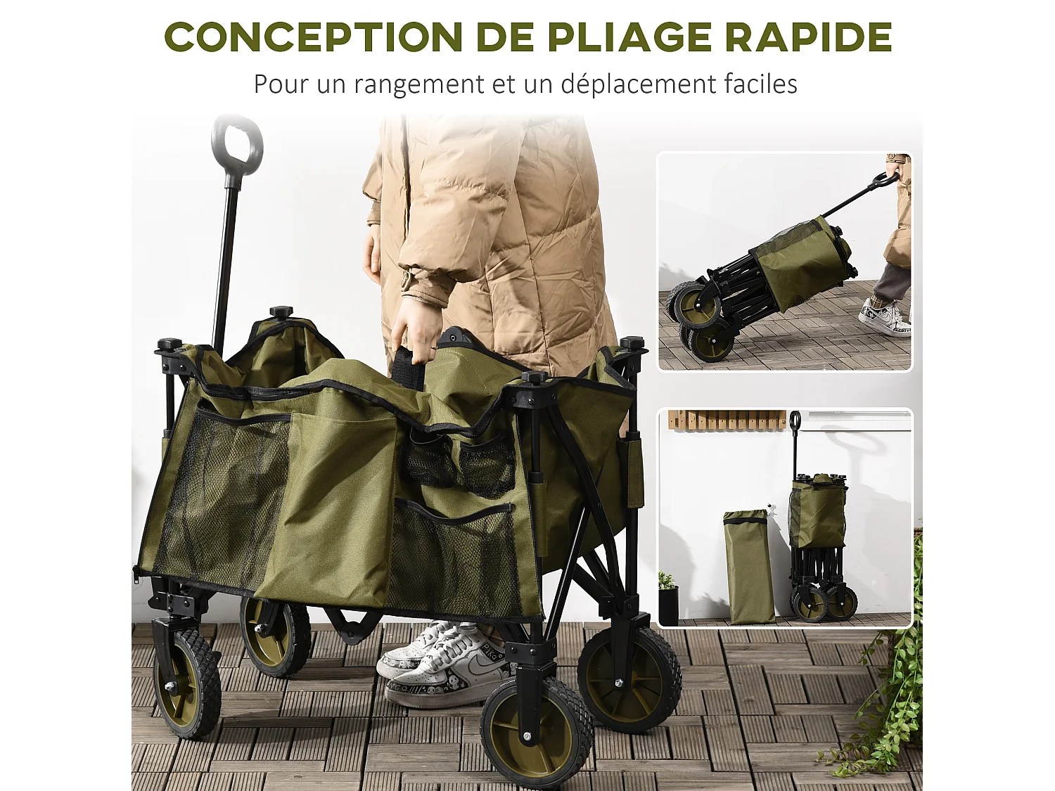 Chariot de jardin pliable 4 roues - bâche amovible, poignée télescopique réglable, 5 pochettes rangement - acier polyester kaki