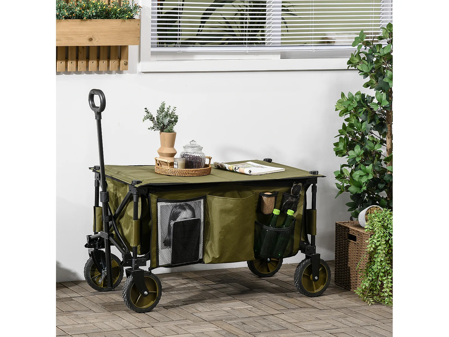 Chariot de jardin pliable 4 roues - bâche amovible, poignée télescopique réglable, 5 pochettes rangement - acier polyester kaki
