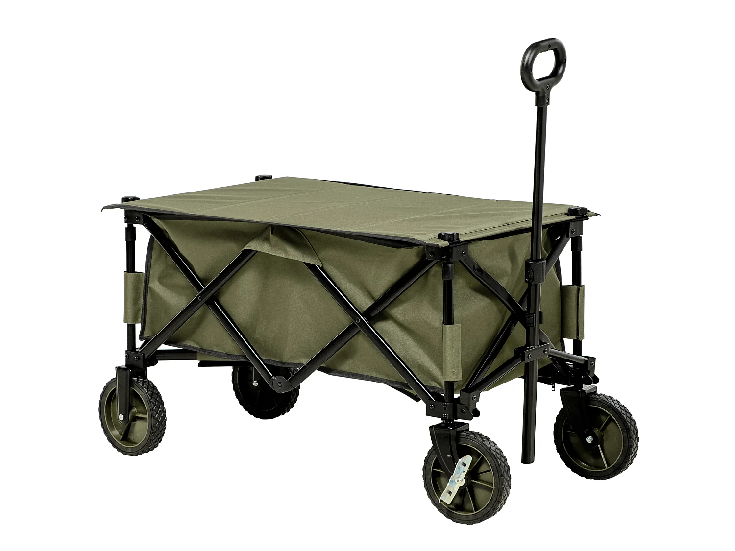 Chariot de jardin pliable 4 roues - bâche amovible, poignée télescopique réglable, 5 pochettes rangement - acier polyester kaki