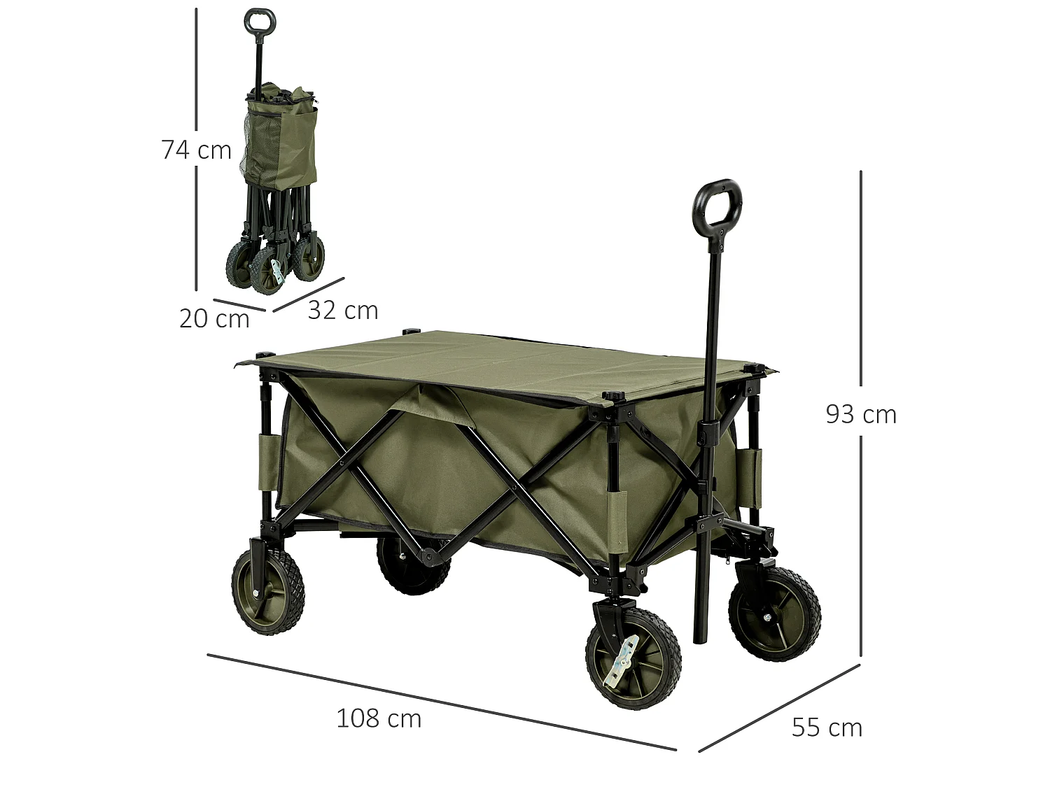 Chariot de jardin pliable 4 roues - bâche amovible, poignée télescopique réglable, 5 pochettes rangement - acier polyester kaki
