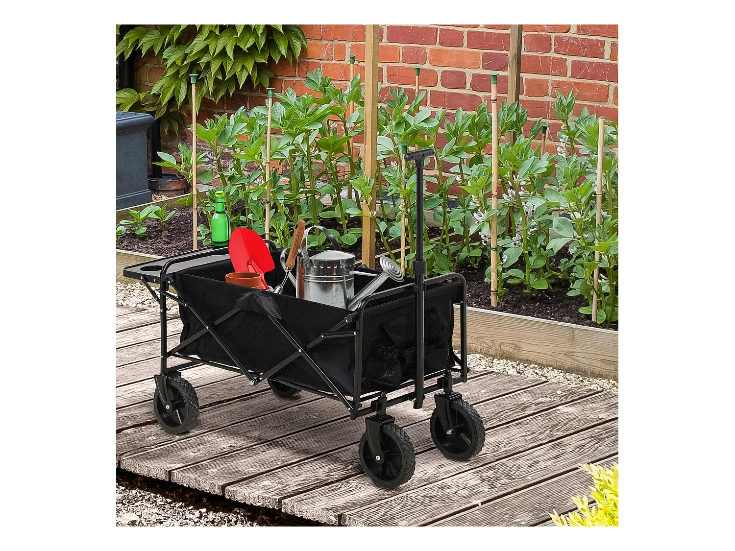 Chariot de jardin pliable 4 roues poignée télescopique réglable rangements noir