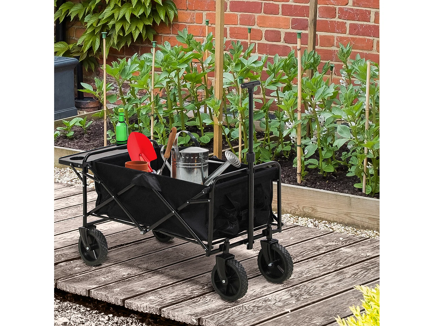 Chariot de jardin pliable 4 roues poignée télescopique réglable rangements noir
