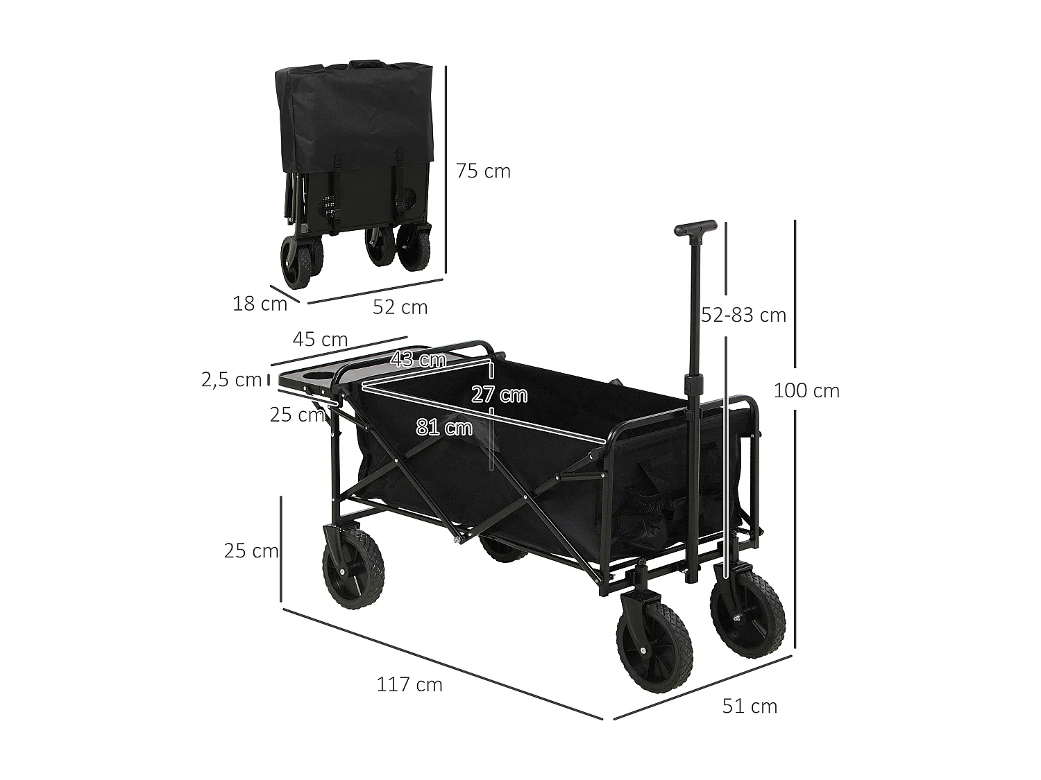 Chariot de jardin pliable 4 roues poignée télescopique réglable rangements noir