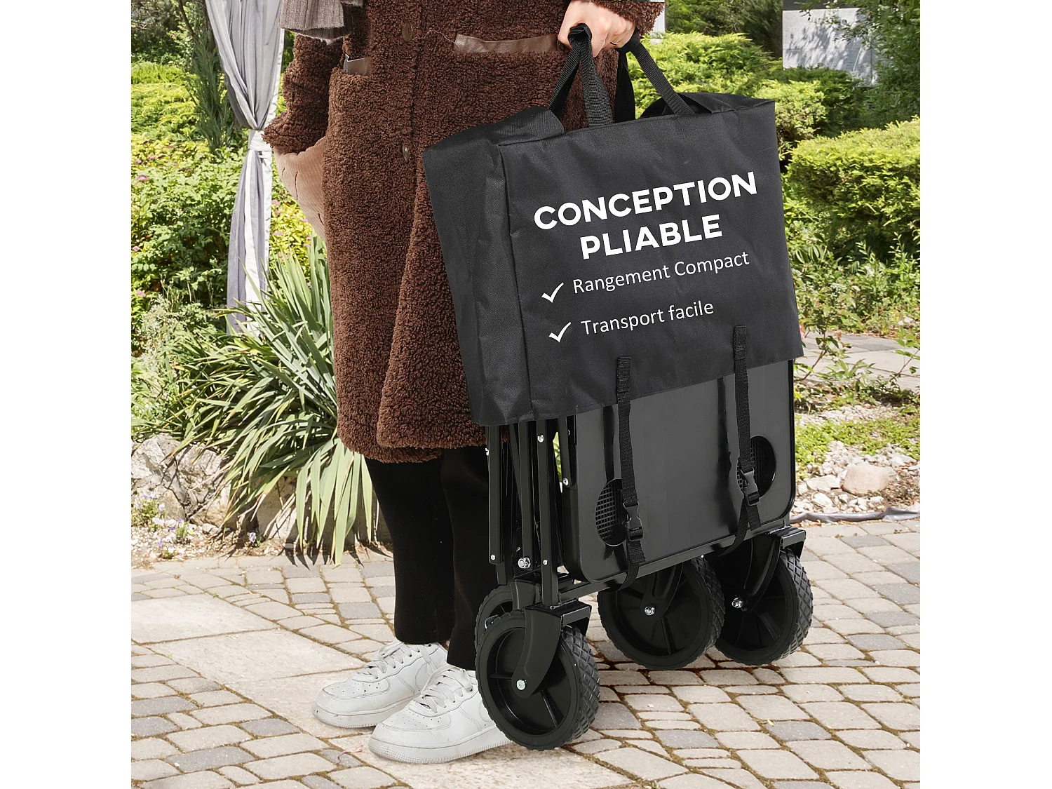 Chariot de jardin pliable 4 roues poignée télescopique réglable rangements noir