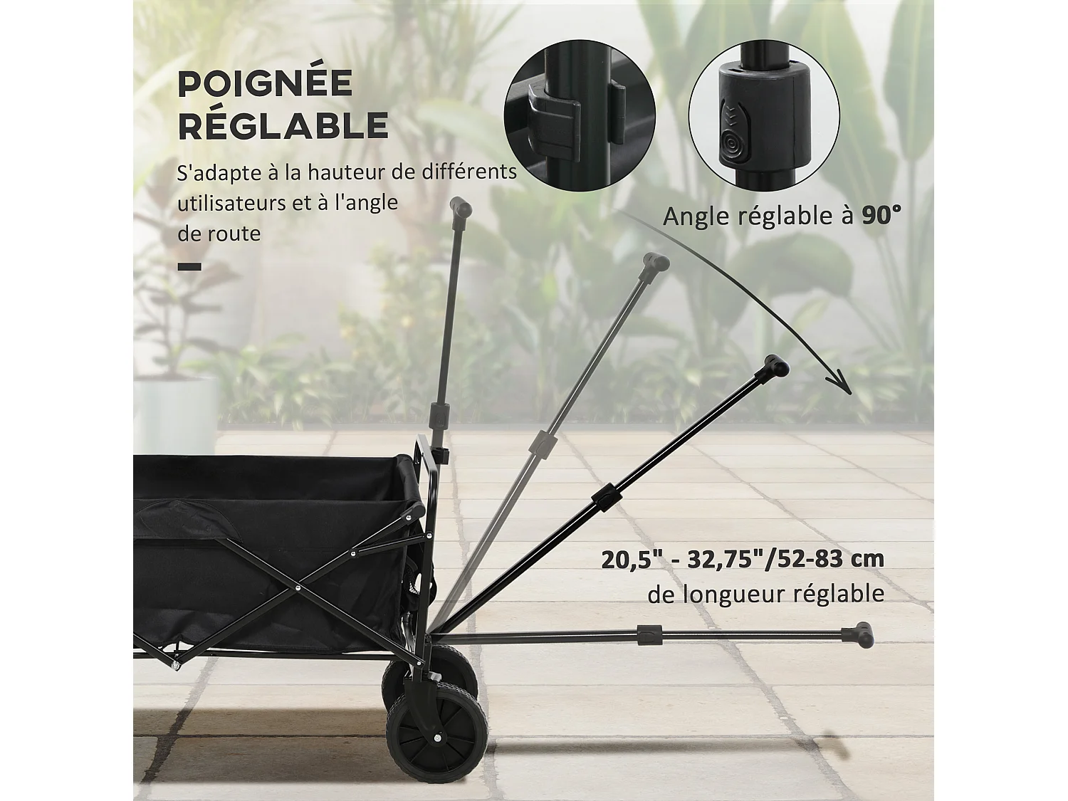Chariot de jardin pliable 4 roues poignée télescopique réglable rangements noir