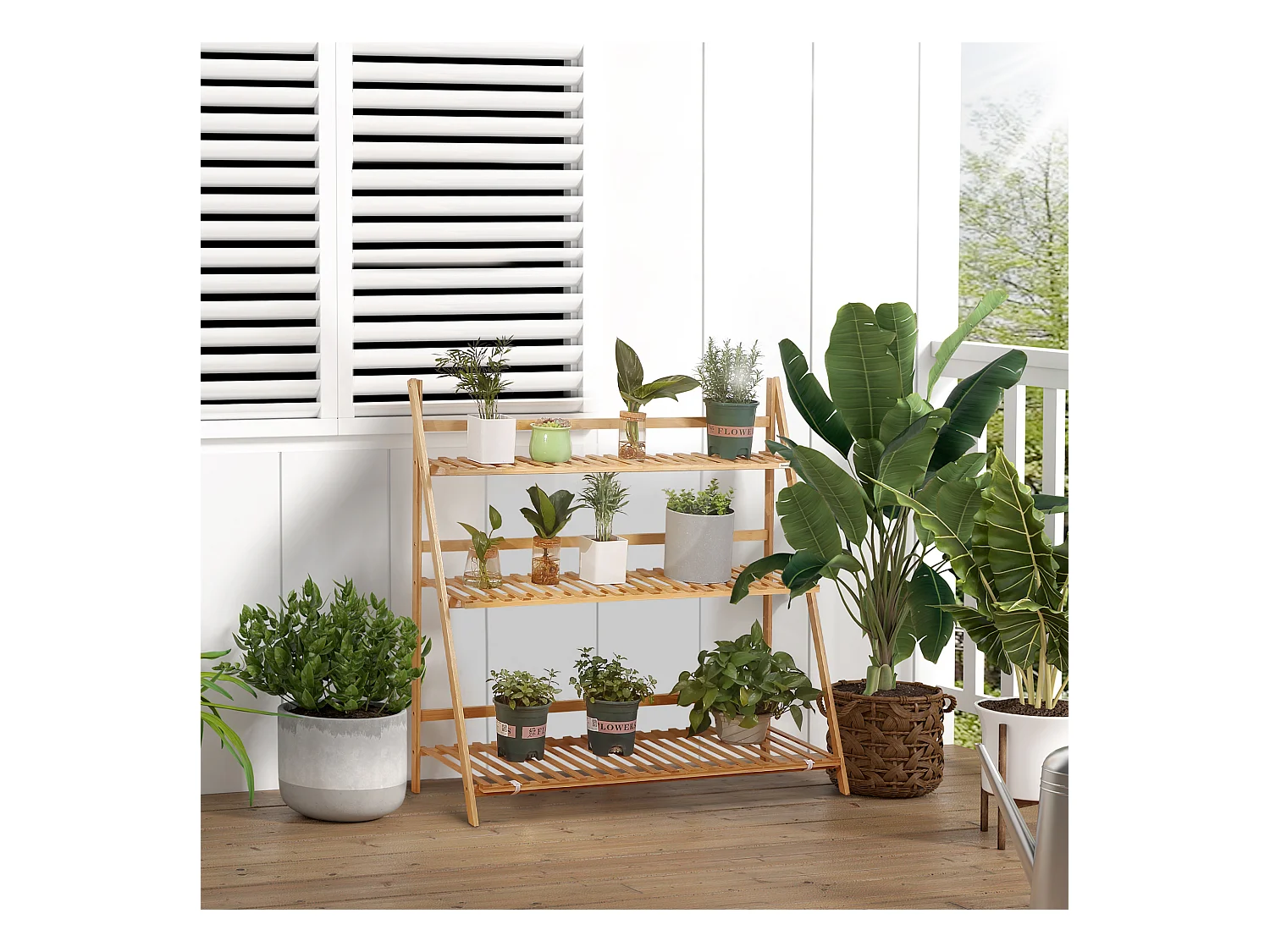 Étagère échelle à fleurs en bois de bambou - porte plantes pliable bois 3 étagères à lattes