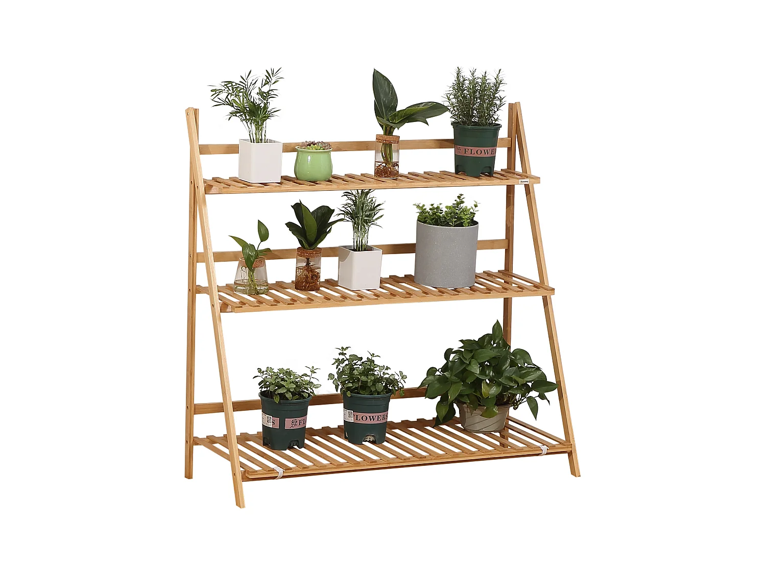 Étagère échelle à fleurs en bois de bambou - porte plantes pliable bois 3 étagères à lattes