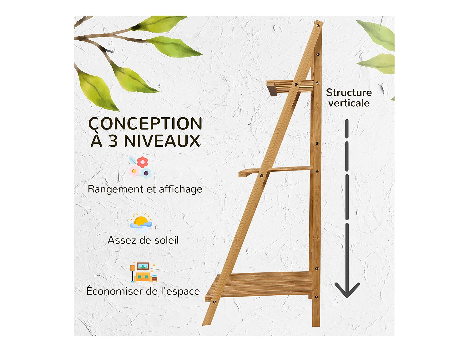 Étagère échelle à fleurs en bois de bambou - porte plantes pliable bois 3 étagères à lattes
