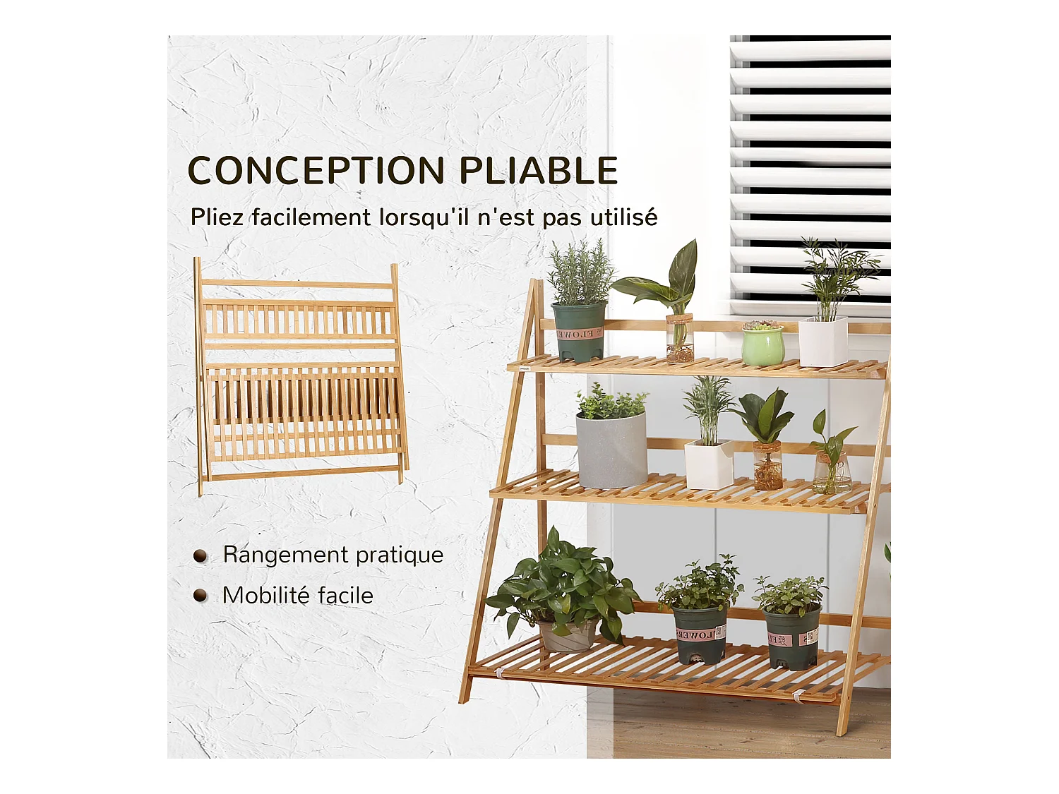 Étagère échelle à fleurs en bois de bambou - porte plantes pliable bois 3 étagères à lattes