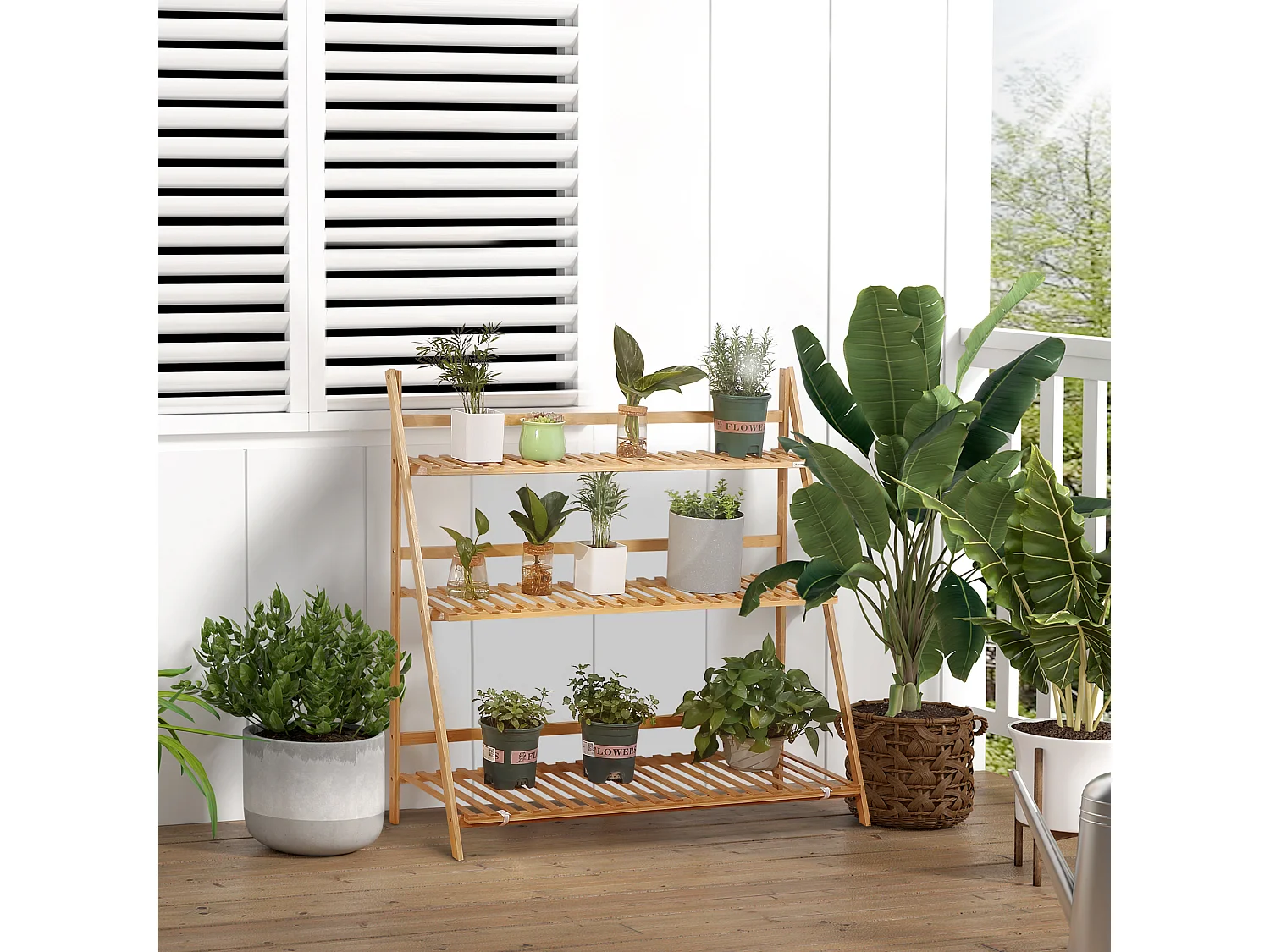 Étagère échelle à fleurs en bois de bambou - porte plantes pliable bois 3 étagères à lattes