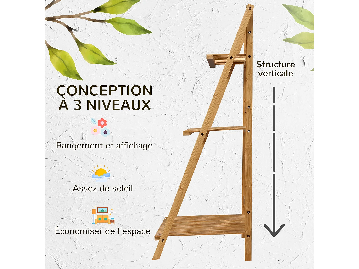 Étagère échelle à fleurs en bois de bambou - porte plantes pliable bois 3 étagères à lattes
