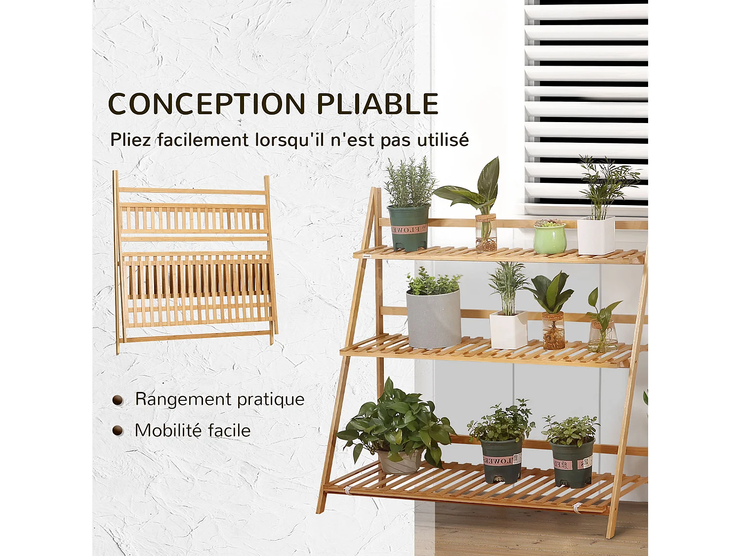Étagère échelle à fleurs en bois de bambou - porte plantes pliable bois 3 étagères à lattes