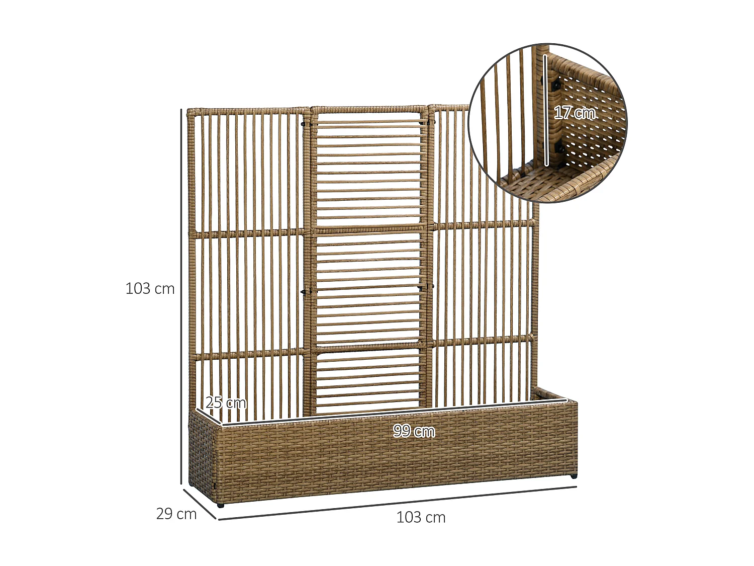 Jardinière avec treillis haut dim. 103L x 29l x 103H cm résine tressée PE aspect rotin marron