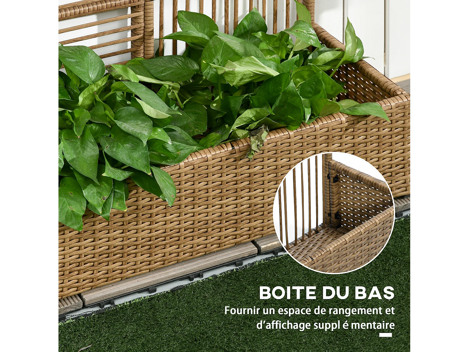 Jardinière avec treillis haut dim. 103L x 29l x 103H cm résine tressée PE aspect rotin marron