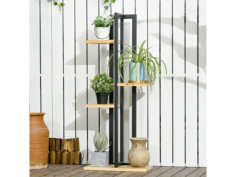Support à fleurs style industriel 4 niveaux - porte plante 4 étagères - métal époxy noir bois sapin