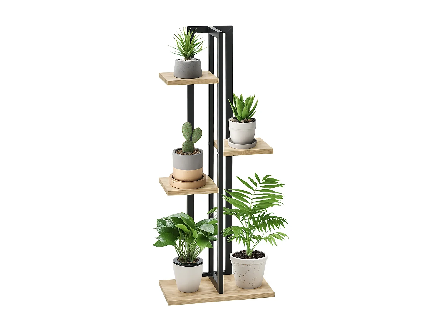 Support à fleurs style industriel 4 niveaux - porte plante 4 étagères - métal époxy noir bois sapin
