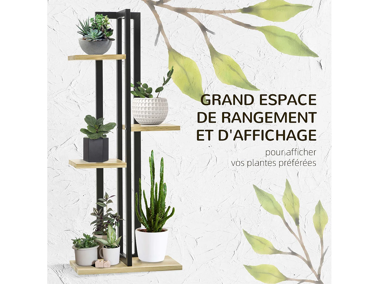 Support à fleurs style industriel 4 niveaux - porte plante 4 étagères - métal époxy noir bois sapin