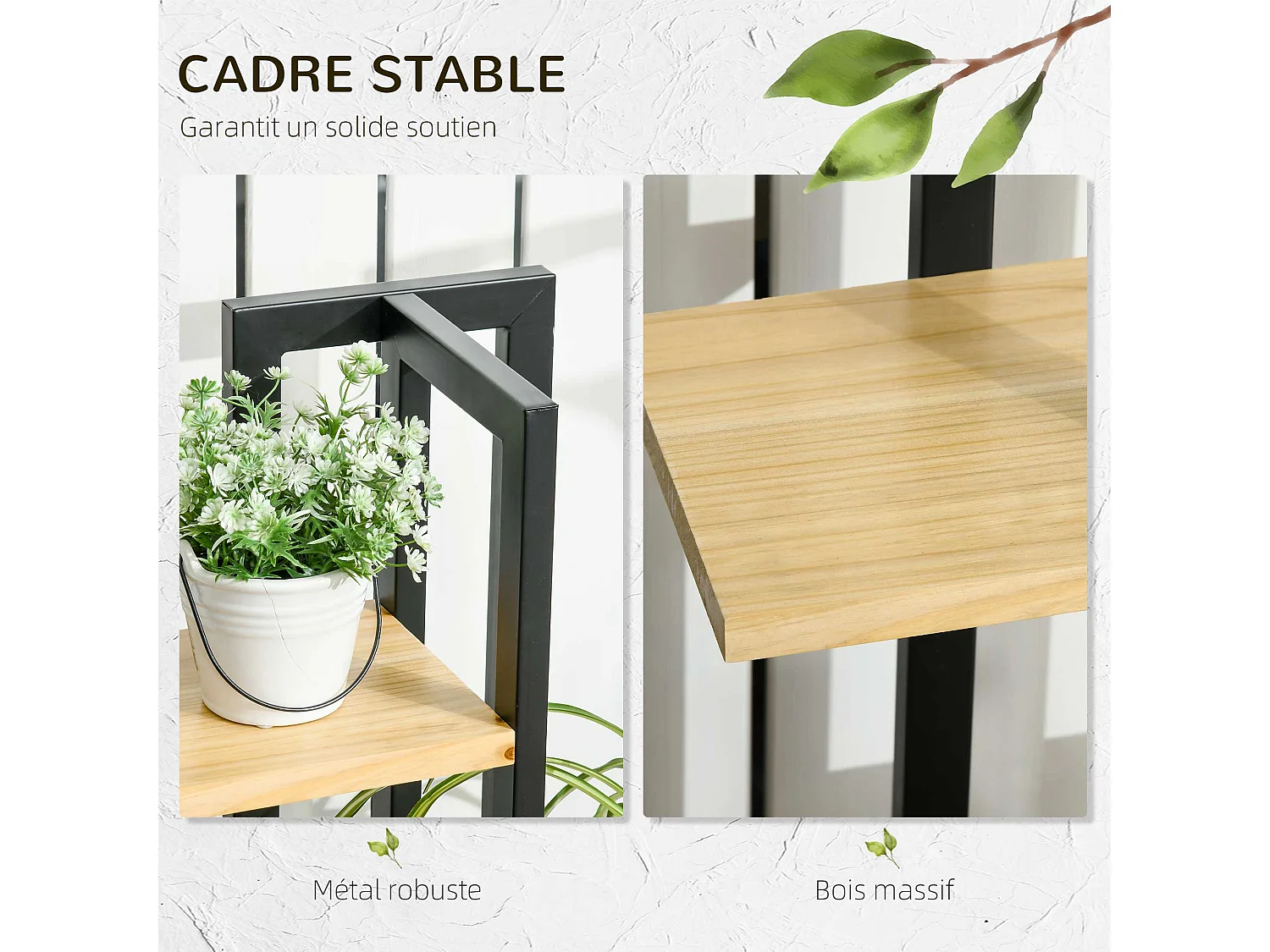 Support à fleurs style industriel 4 niveaux - porte plante 4 étagères - métal époxy noir bois sapin