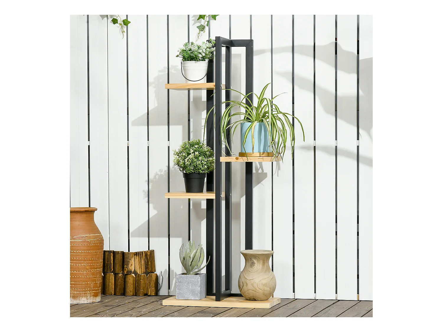 Support à fleurs style industriel 4 niveaux - porte plante 4 étagères - métal époxy noir bois sapin