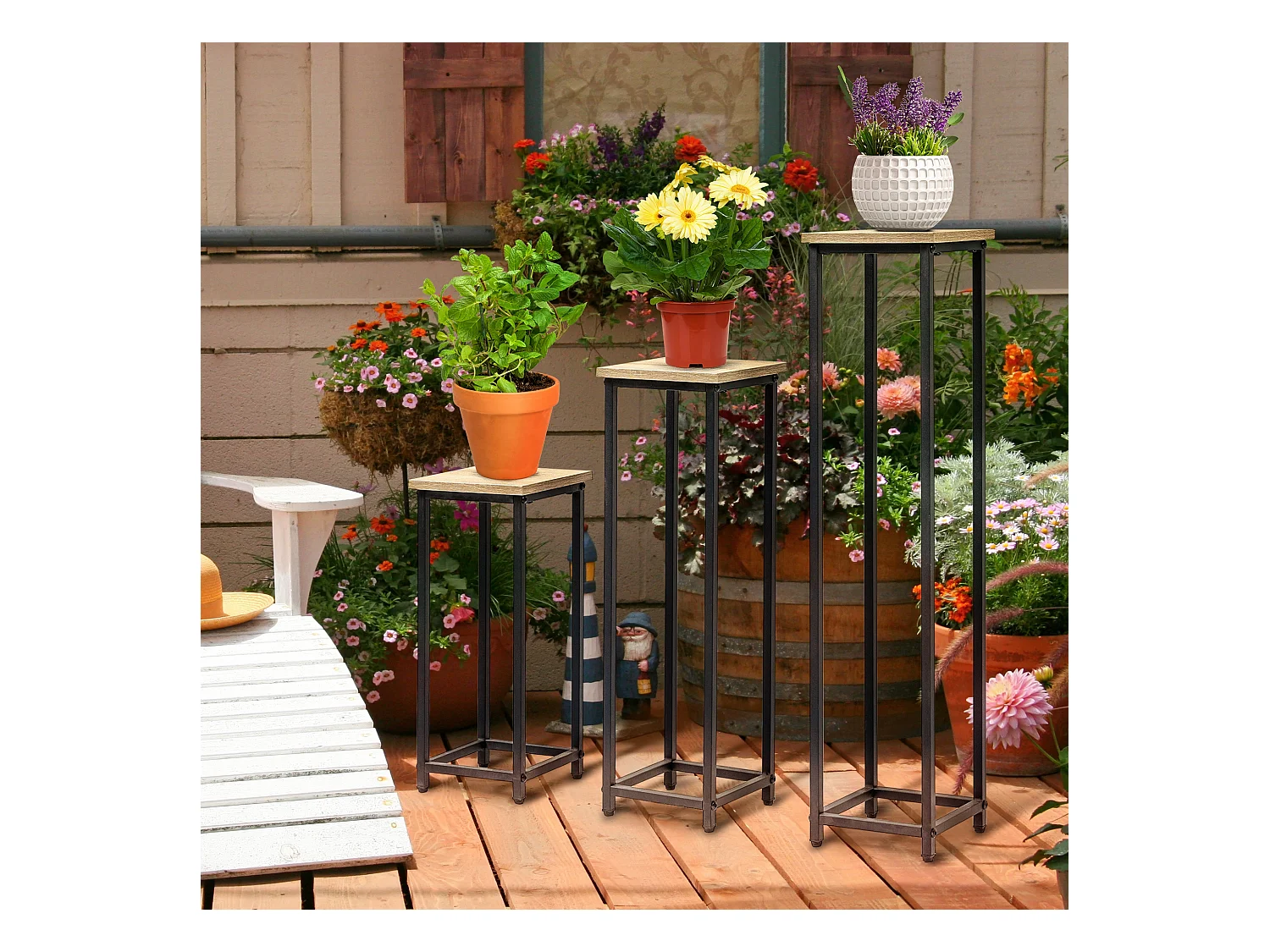 Support pots de fleurs 3 pièces - lot de 3 étagères à fleurs - portes plantes - acier époxy noir plateaux aspect bois de noyer